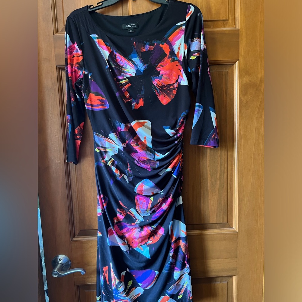 Tahari ASL Black Dress with Bold Floral Design